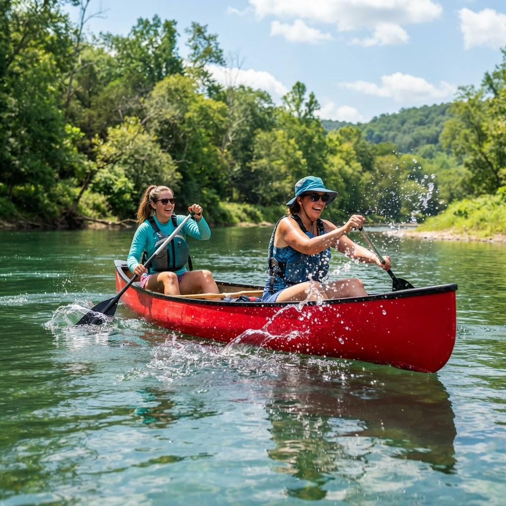 Paddler im roten Kanu auf dem Fluss