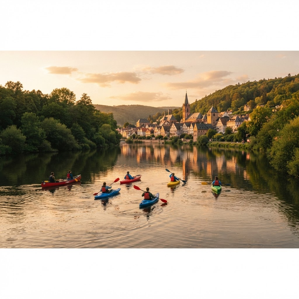 Kanus auf dem Main bei Sonnenuntergang